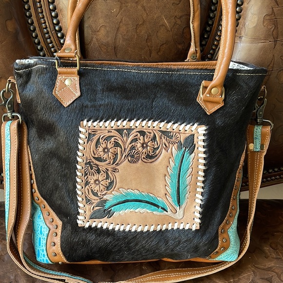 MYRA-HAND TOOLED LEATHER HAIR ON HANDBAG - Picture 2 of 9